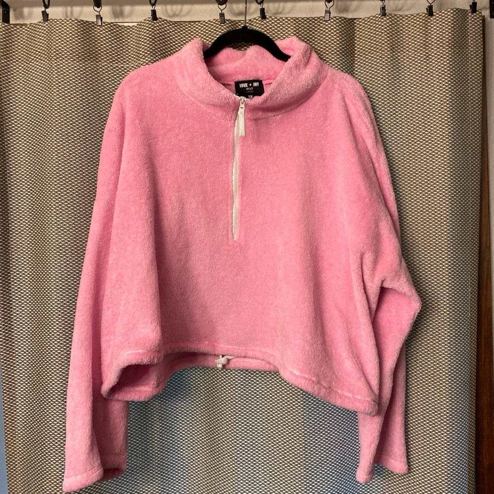 Pink fuzzy drawstring crop top